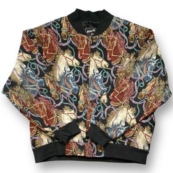 Vintage Katch Me West Horse Print Equestrian Tapestry Bomber Jacket Size XL - Picture 1 of 11
